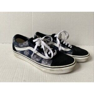 Vans Old Skool Shoes Womens Size 8 Wireframe Skulls Black Blue Sneakers